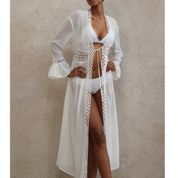 Boho Whie Semi Sheer Front tie Flared Sleeve Kimono Duster Cover up - Picture 2 of 6